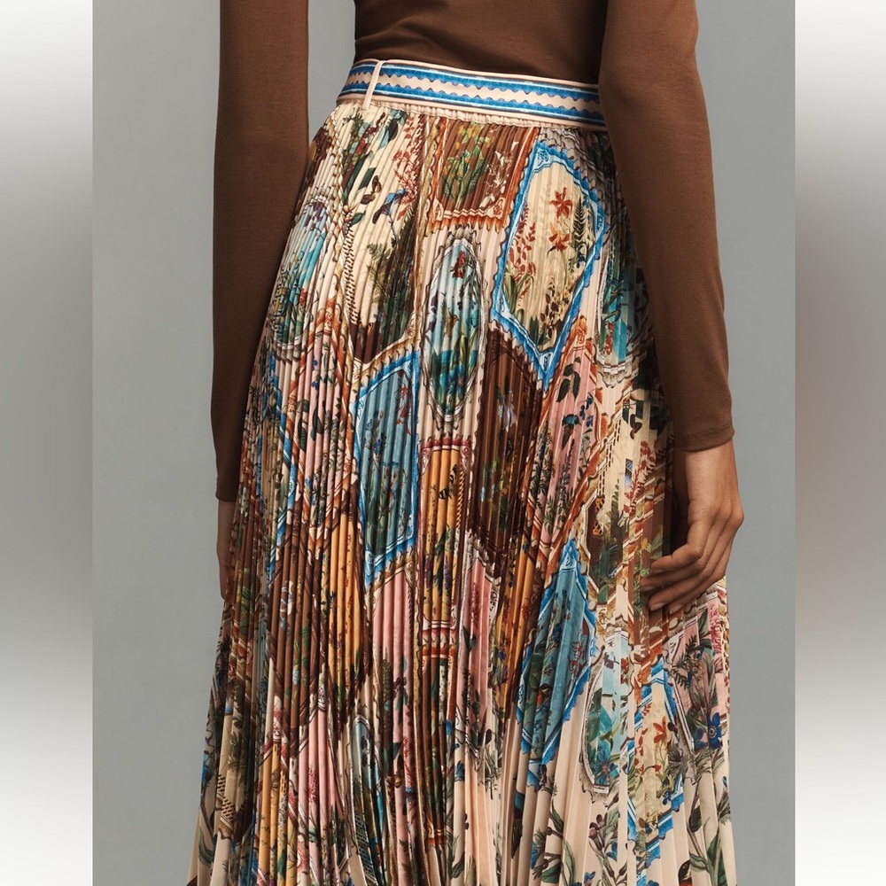 NWT Anthropologie Ranna Gill Pleated Midi Skirt Bird and Floral Print XL - Picture 4 of 11